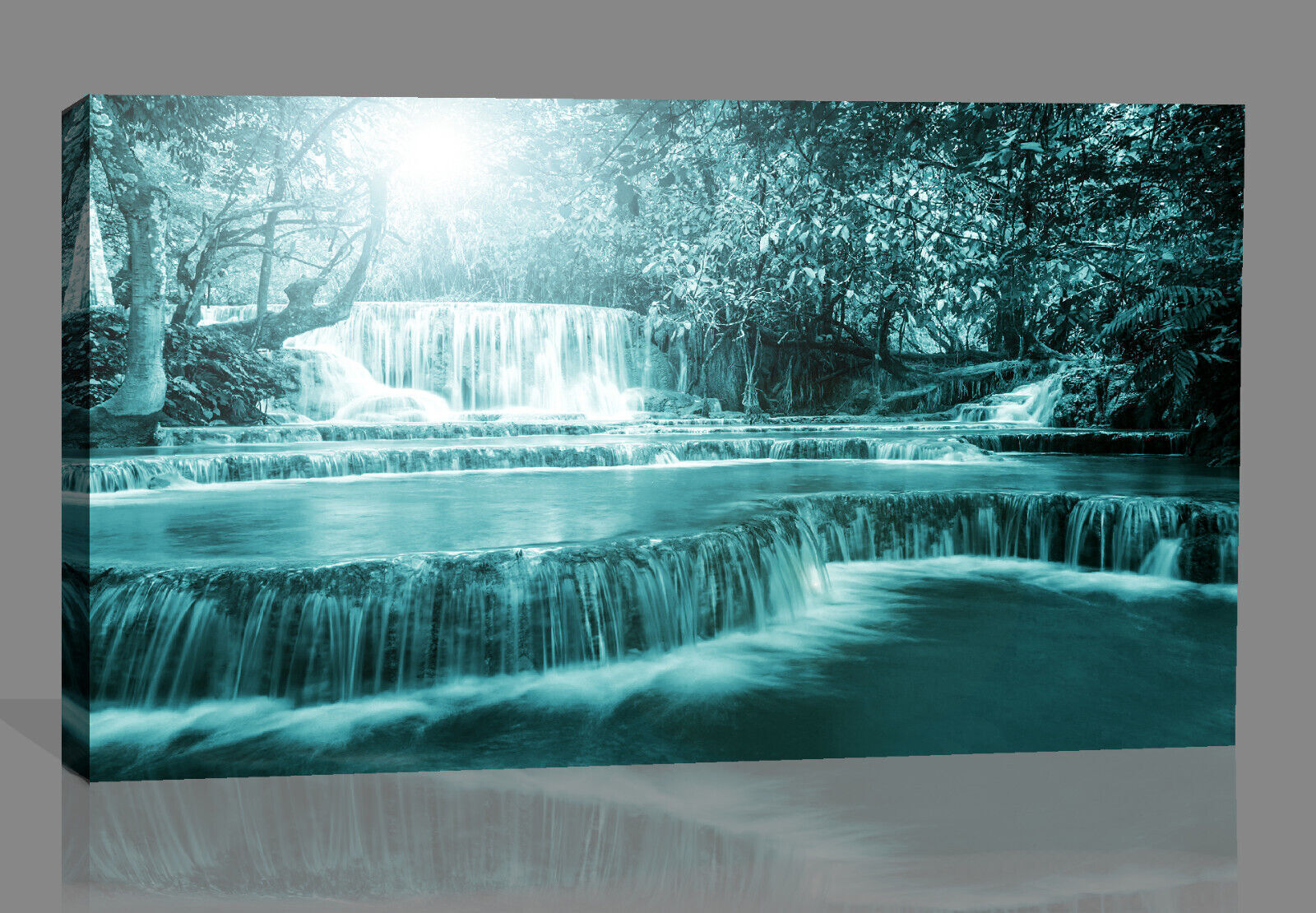 Teal Waterfall Trees Landscape Canvas Wall Art Picture Print