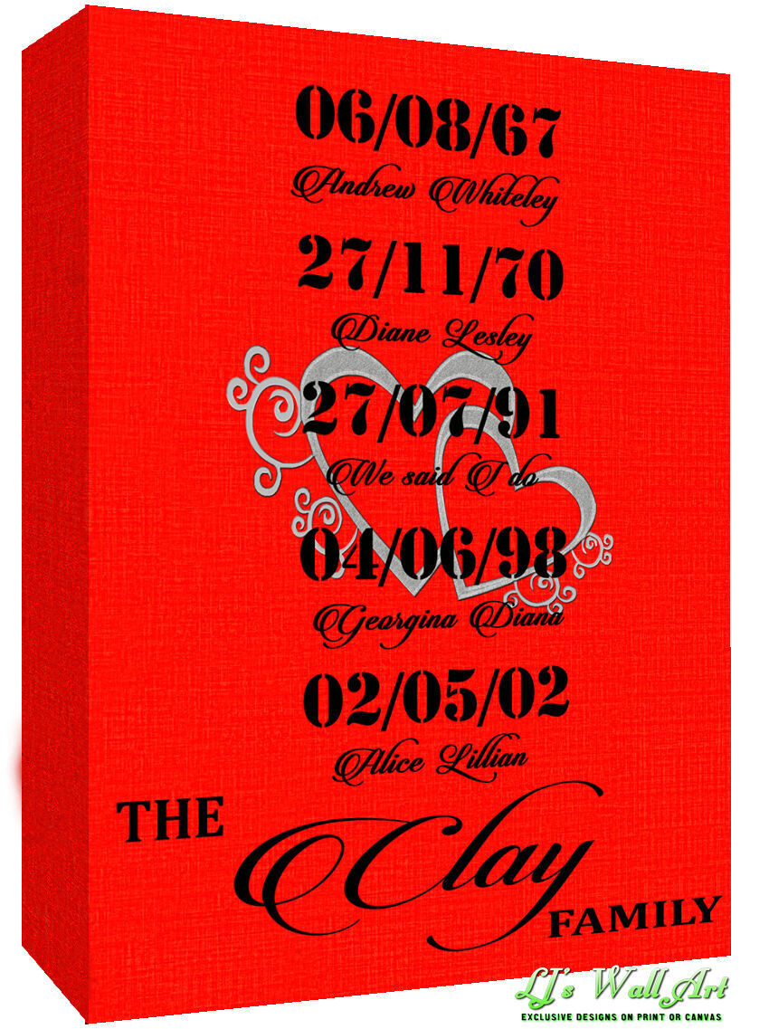 Your Personal Dates Names on Canvas Wall Art  Picture Print Red - Any colour