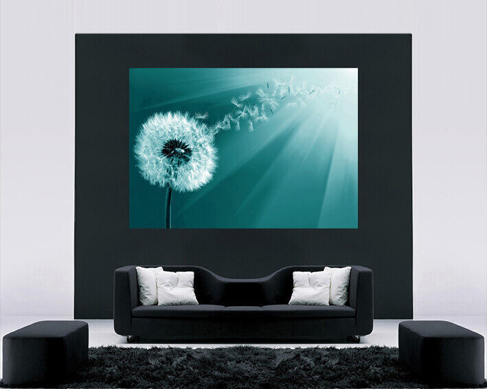 Duck Egg Blue Dandelion Blowing into Sunlight Canvas Wall Art Picture Print