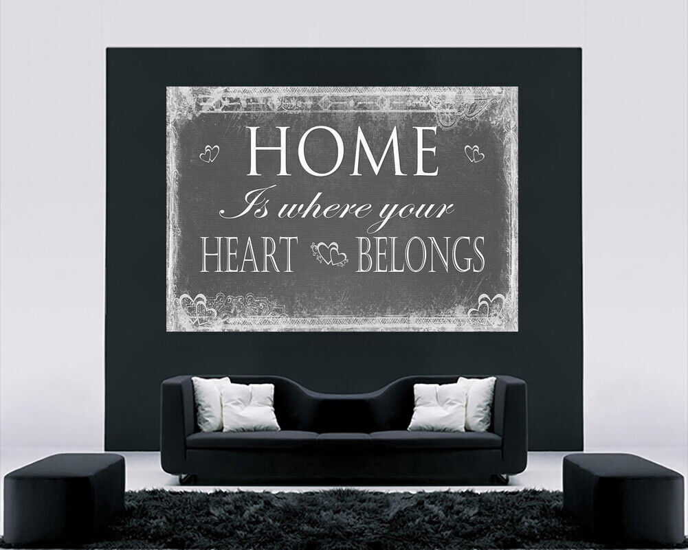 Home is Where Heart Belongs quote Canvas Wall Art Picture Print - Grey