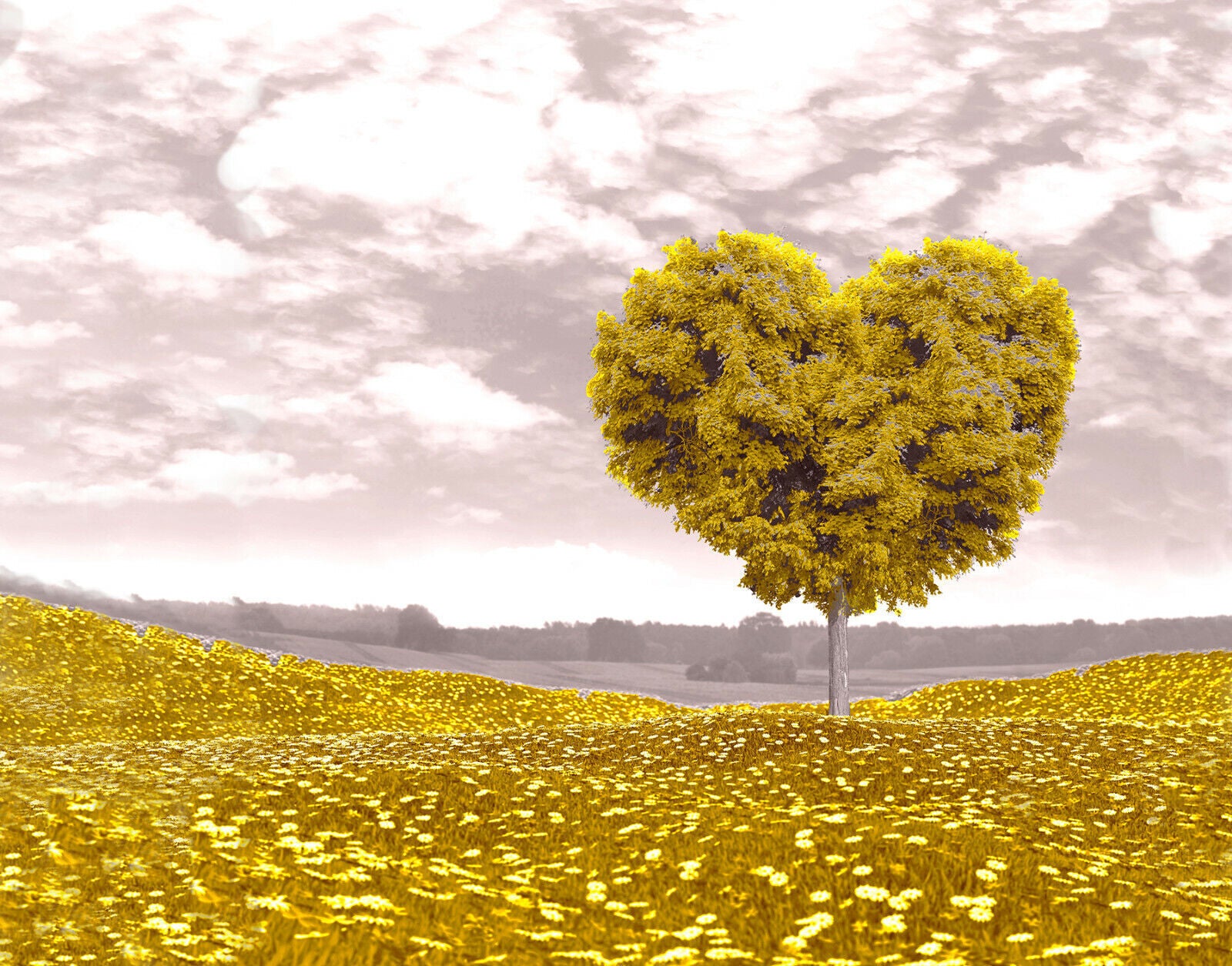 Yellow / Mustard Love Heart Tree Landscape Canvas Wall Art Picture Print
