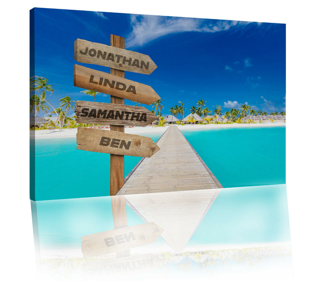 Custom Names Personalised Sign Pier over Maldives Sea Canvas Wall Art Print