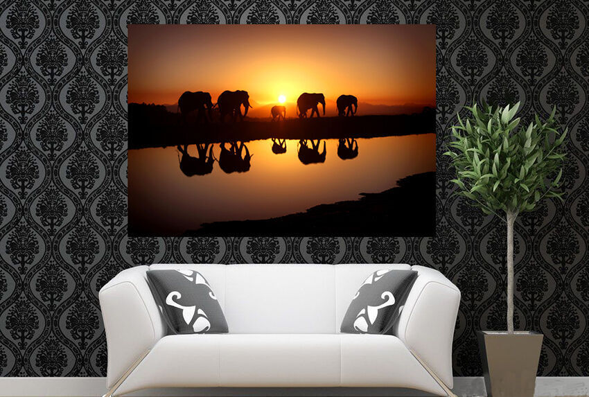 Large Elephants Sunrise - Cotton Canvas Wall Art Picture Print 170cm x 60cm