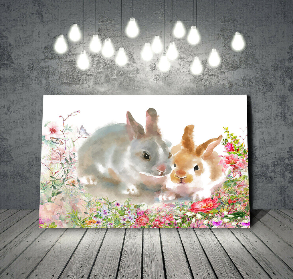Rabbits in flowers watercolor painting Canvas Wall Art Picture Print
