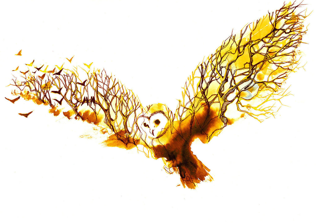 YELLOW MUSTARD WATERCOLOUR ABSTRACT OWL TREE CANVAS PRINT WALL ART PICTURE