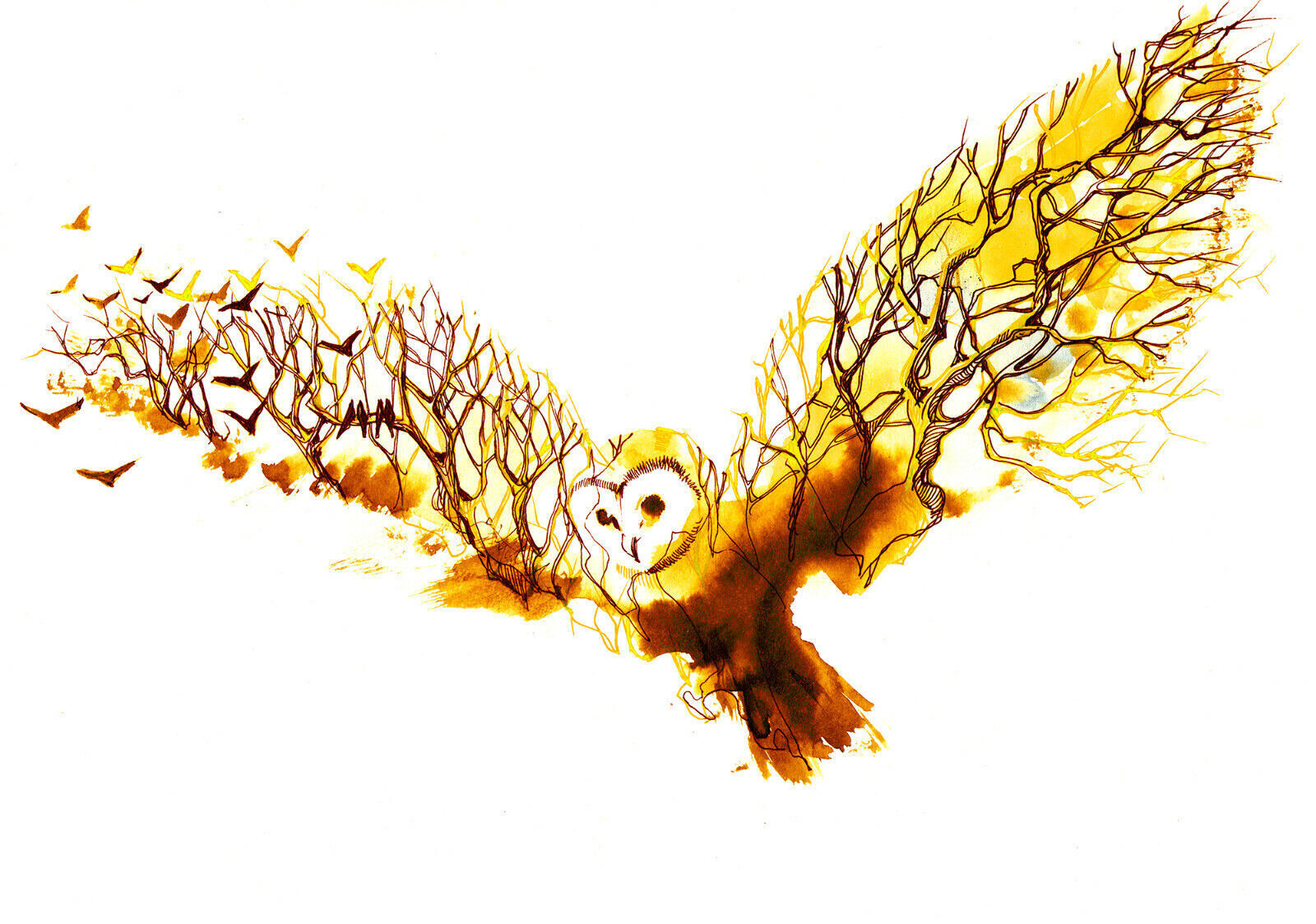 YELLOW MUSTARD WATERCOLOUR ABSTRACT OWL TREE CANVAS PRINT WALL ART PICTURE