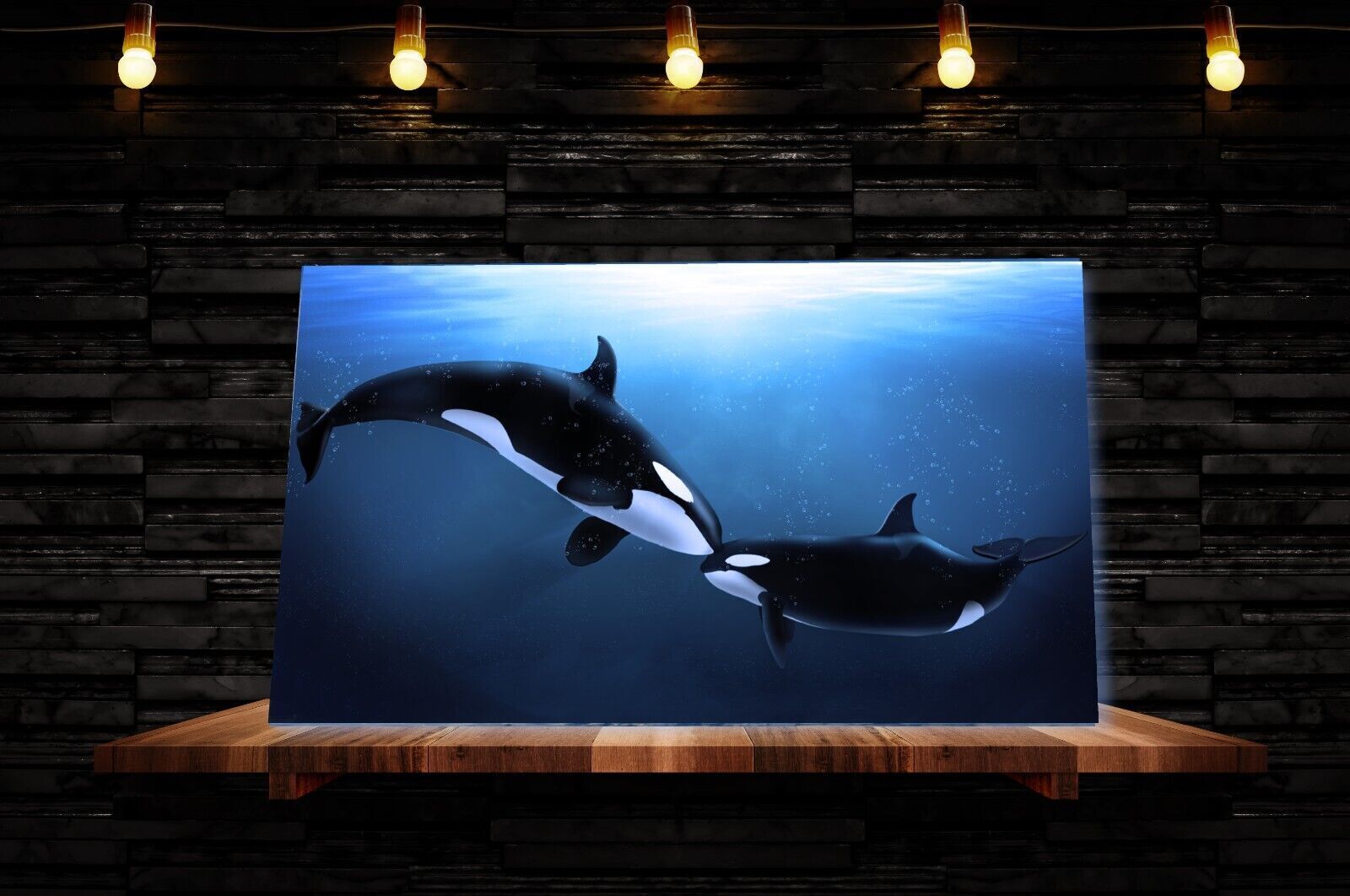Kissing Whales in Sunlit Ocean Blue Canvas Wall Art Picture Print