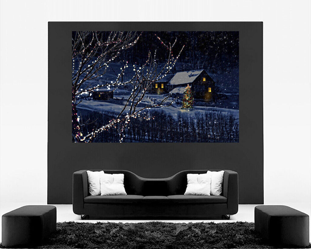 Snowy Winter Christmas Night in Village Landscape Canvas Wall Art Picture Print