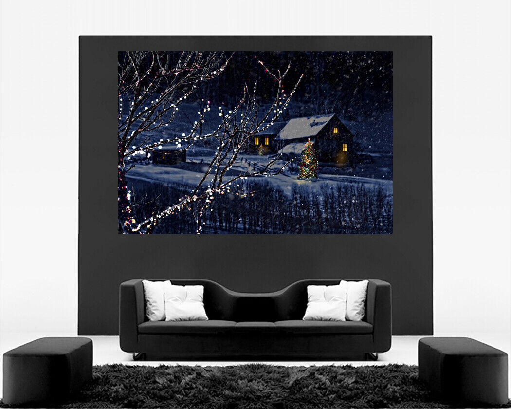Snowy Winter Christmas Night in Village Landscape Canvas Wall Art Picture Print