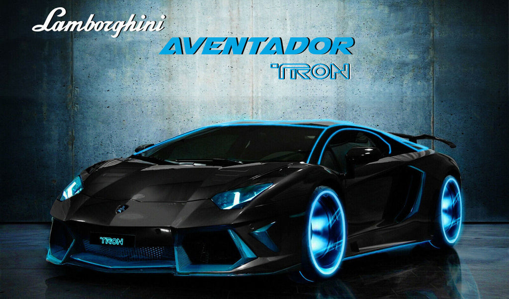 Large Blue Black Lamborghini Aventador Tron Car Canvas Print Wall Art Picture