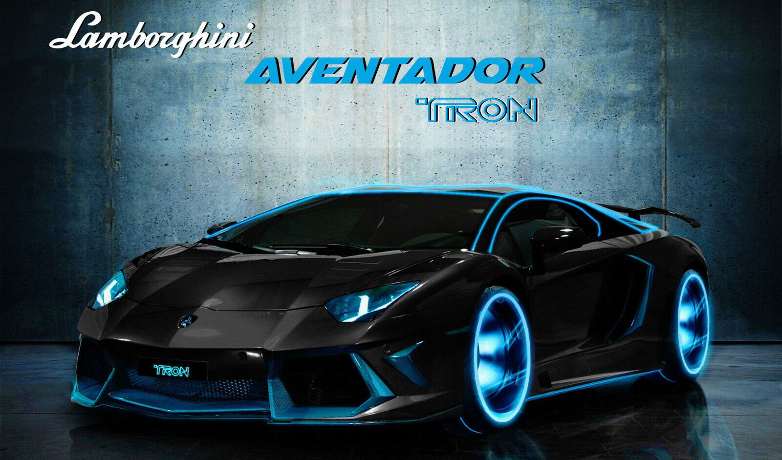 Large Blue Black Lamborghini Aventador Tron Car Canvas Print Wall Art Picture