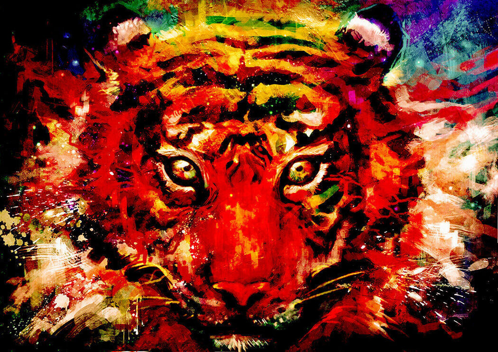 Multi Coloured Abstract Tiger Animal Canvas Wall Art Picture Print