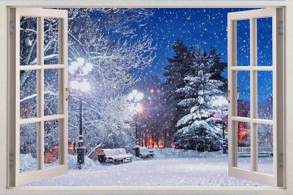 Winter Snowing Scene 3D Window Effect Canvas Wall Art Picture Print All sizes
