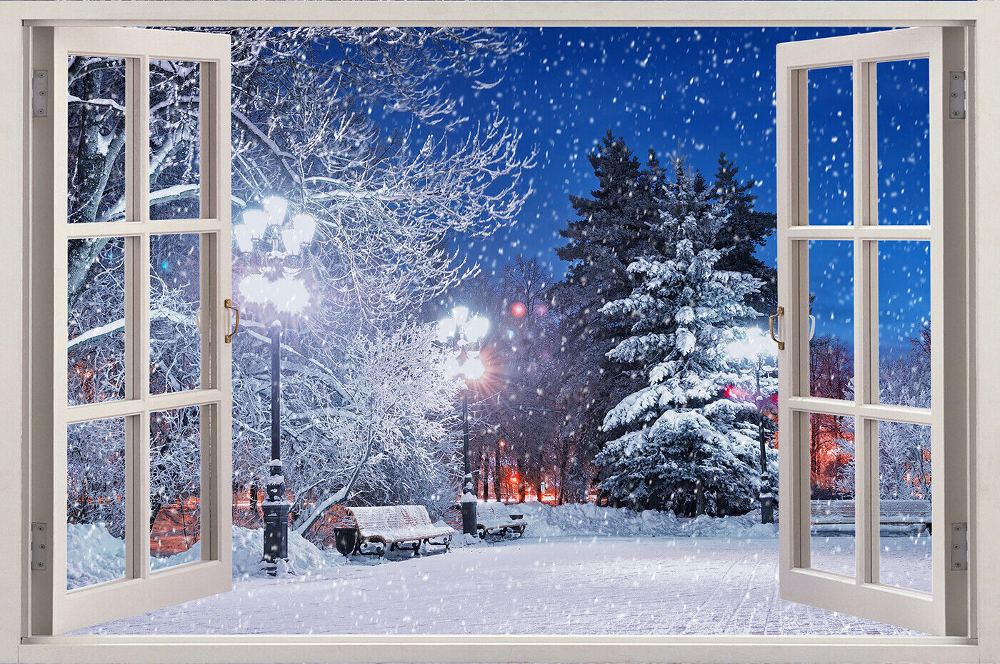 Winter Snowing Scene 3D Window Effect Canvas Wall Art Picture Print All sizes