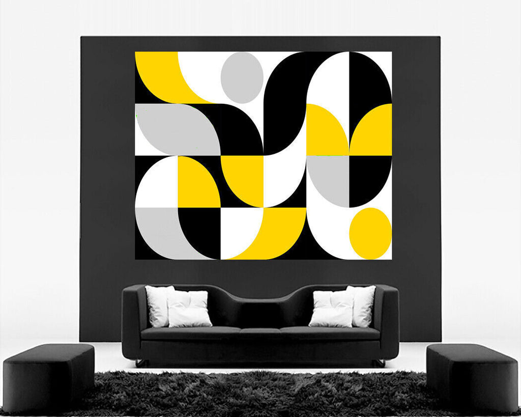 Abstract Geometric Pattern Mustard Black Grey CANVAS WALL ART Picture Print