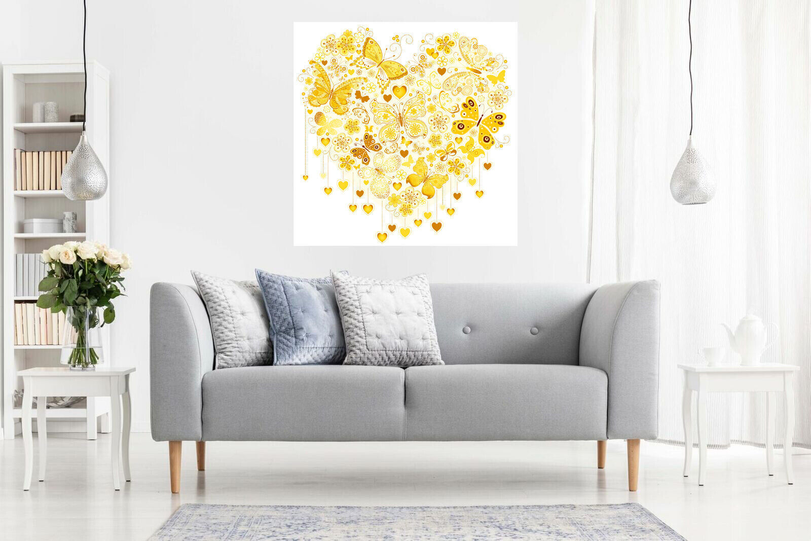Yellow / Mustard Heart of Butterflies Abstract Canvas Wall Art Picture Print