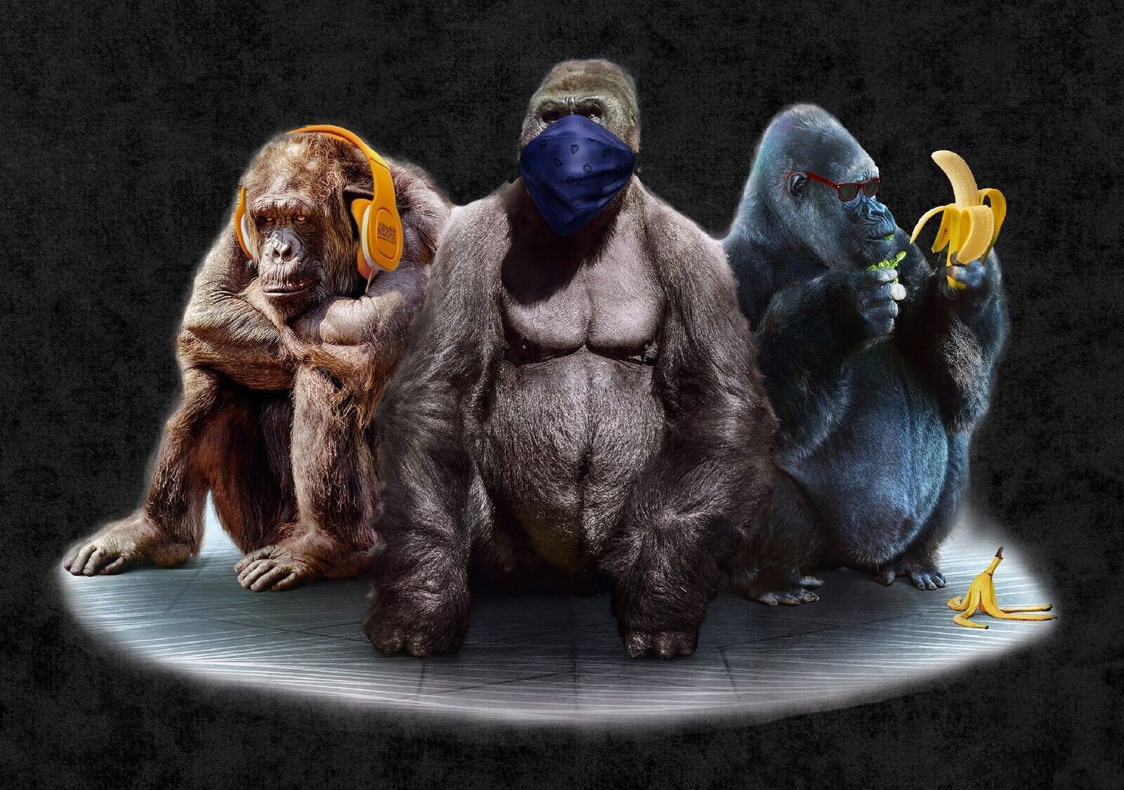 3 Modern Wise Gorillas Abstract Canvas Wall Art Picture Print - Black