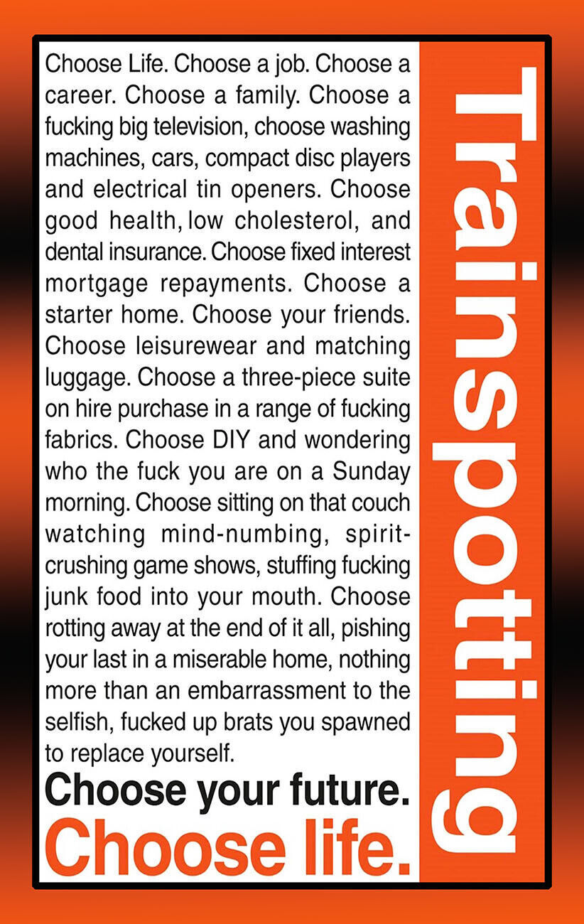 Trainspotting Choose Life Quote Canvas Wall Art Picture Print - Orange & Black