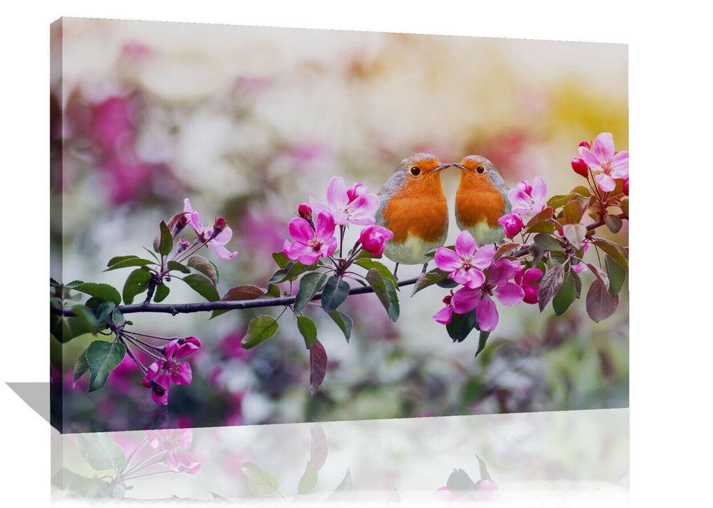 Pair Robins / Birds on Floral Tree Canvas Wall Art Print Picture