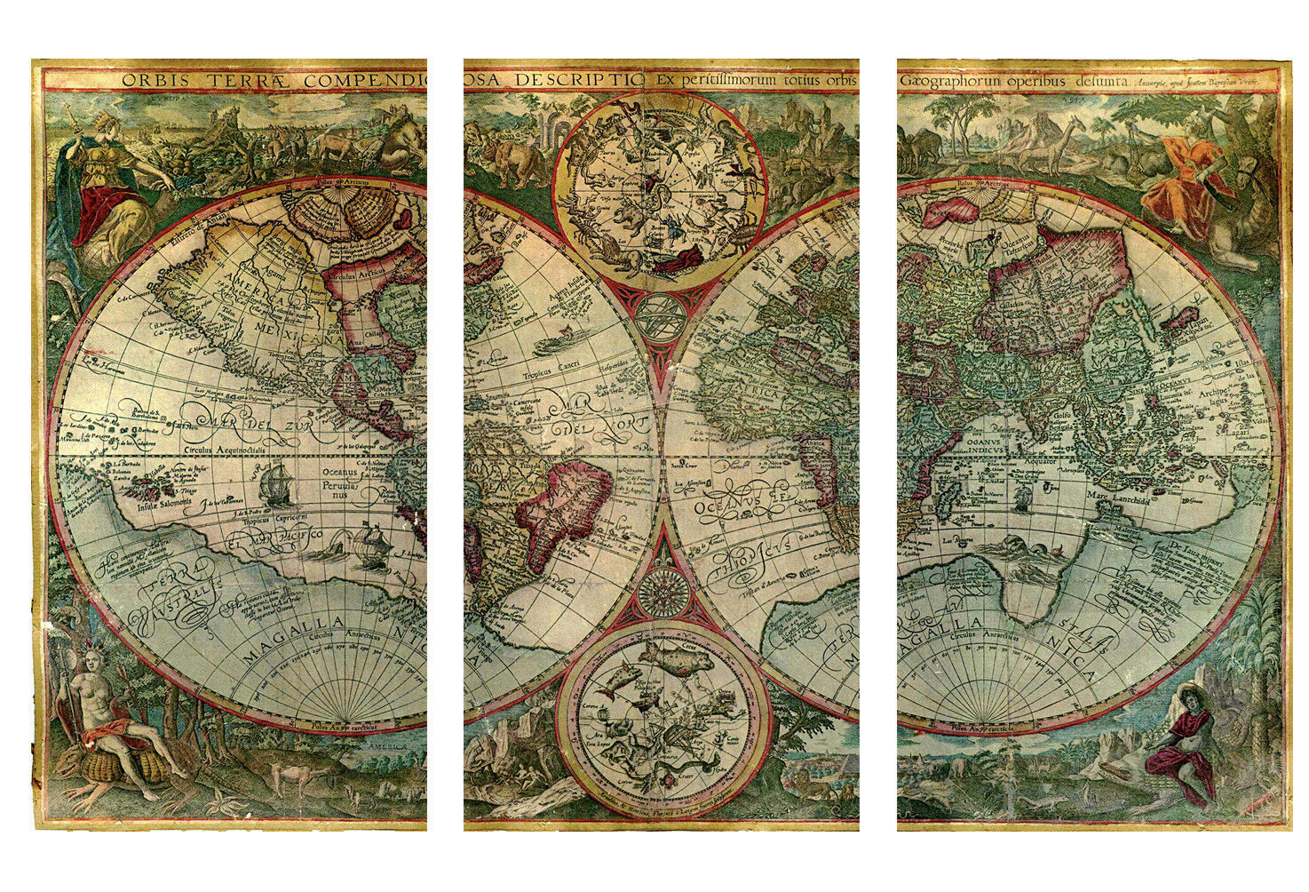 Old World Atlas Latin Maps Flags CANVAS WALL ART PICTURE - 3 PANELS 41" X 26"