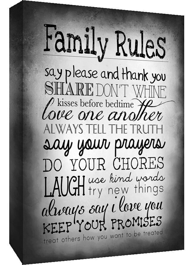 Black & White Family Rules Quote, Canvas Wall Art Print ALL SIZES, ANY COLOUR