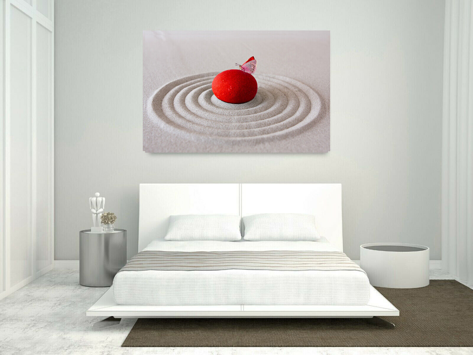RED ZEN PEBBLE & BUTTERFLY SAND RIPPLE Canvas Wall Art Picture Print