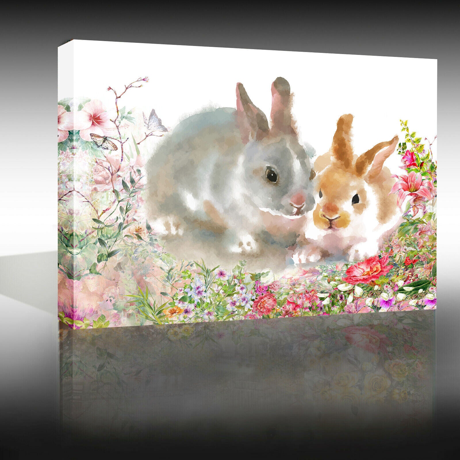 Rabbits in flowers watercolor painting Canvas Wall Art Picture Print