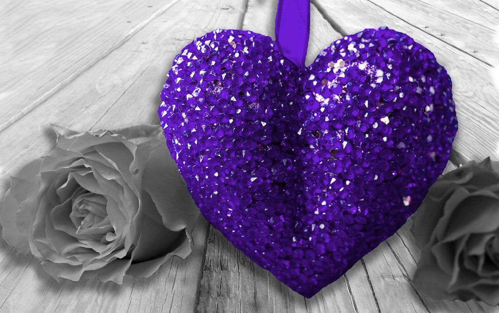 Purple Sparkle Heart & Rose Flower on grey wood Canvas Wall Art Picture Print