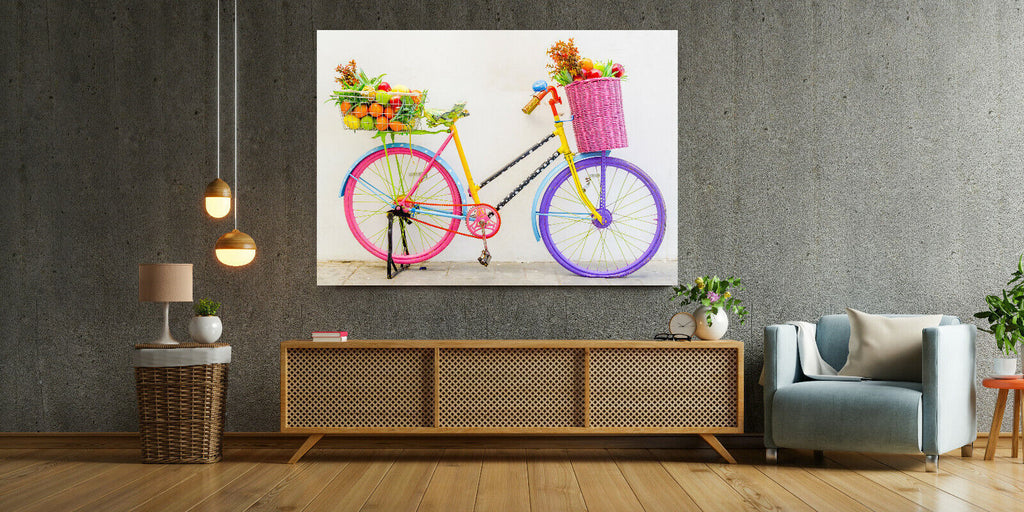 Modern Colourful Bike with basket fruit abstract Canvas Wall Art Picture Print