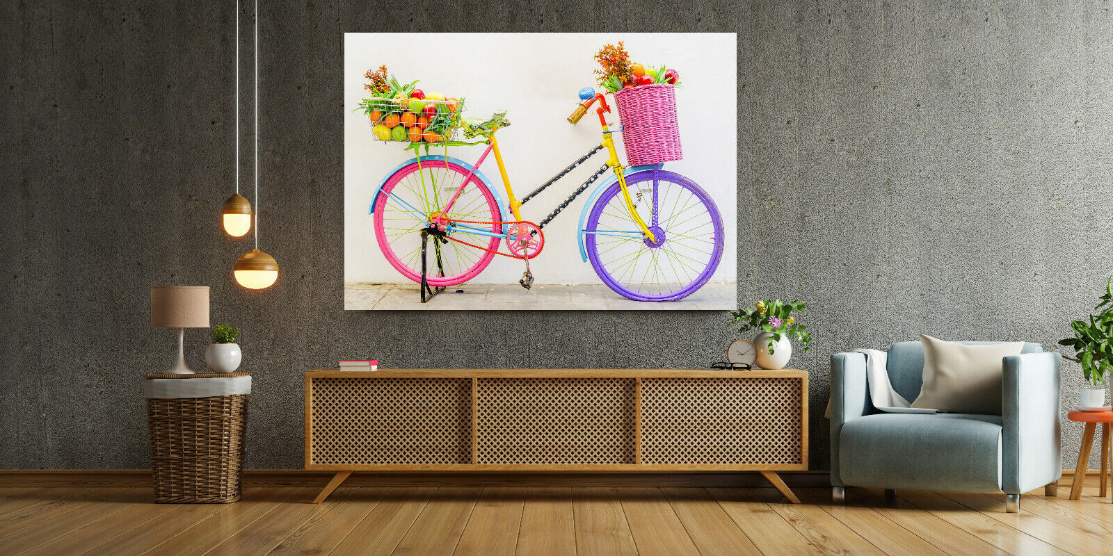 Modern Colourful Bike with basket fruit abstract Canvas Wall Art Picture Print