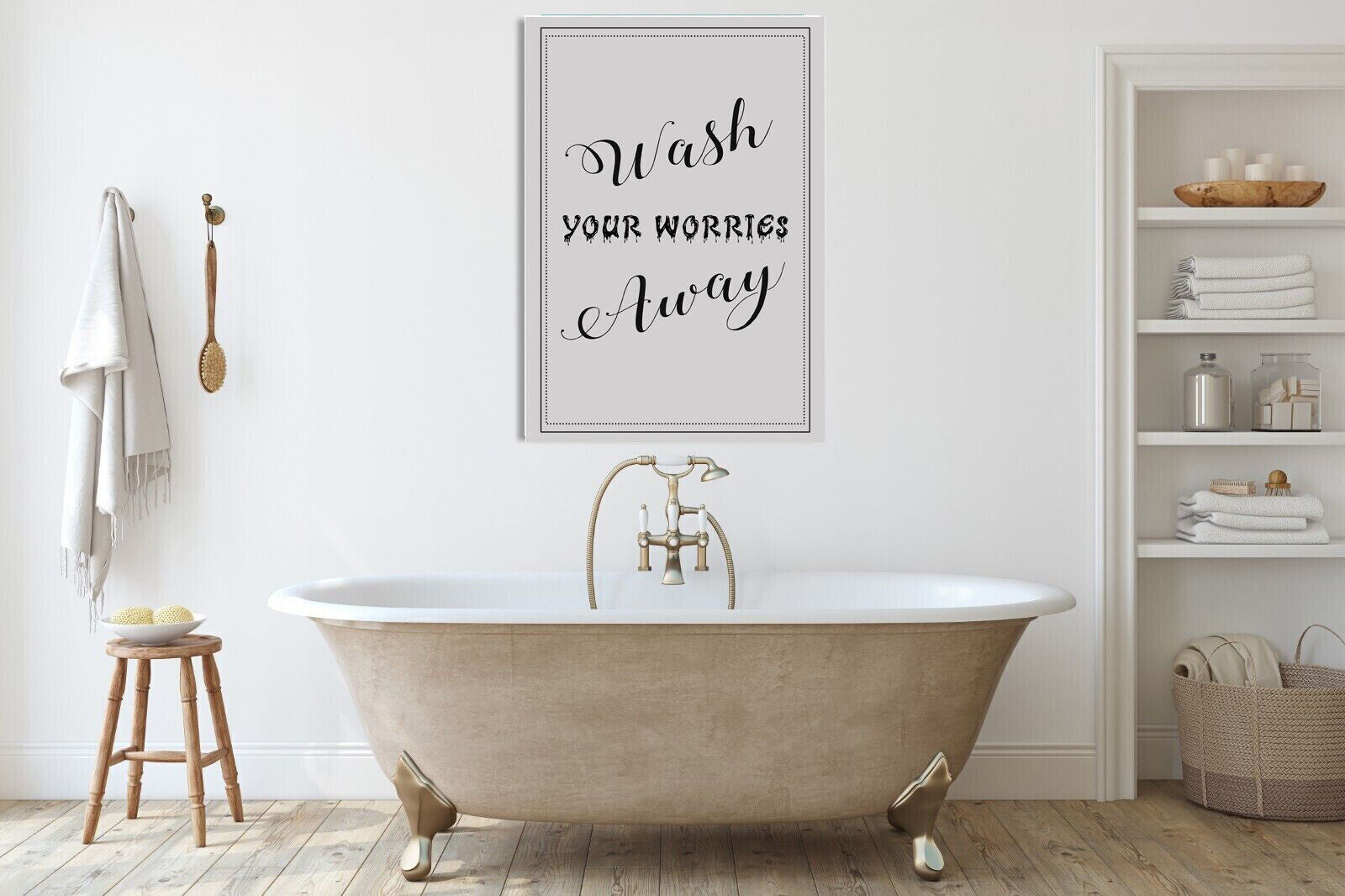 Wash your worries away  quote - Grey Bathroom Canvas Wall Art Picture Print