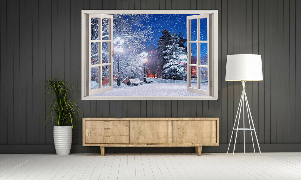Winter Snowing Scene 3D Window Effect Canvas Wall Art Picture Print All sizes