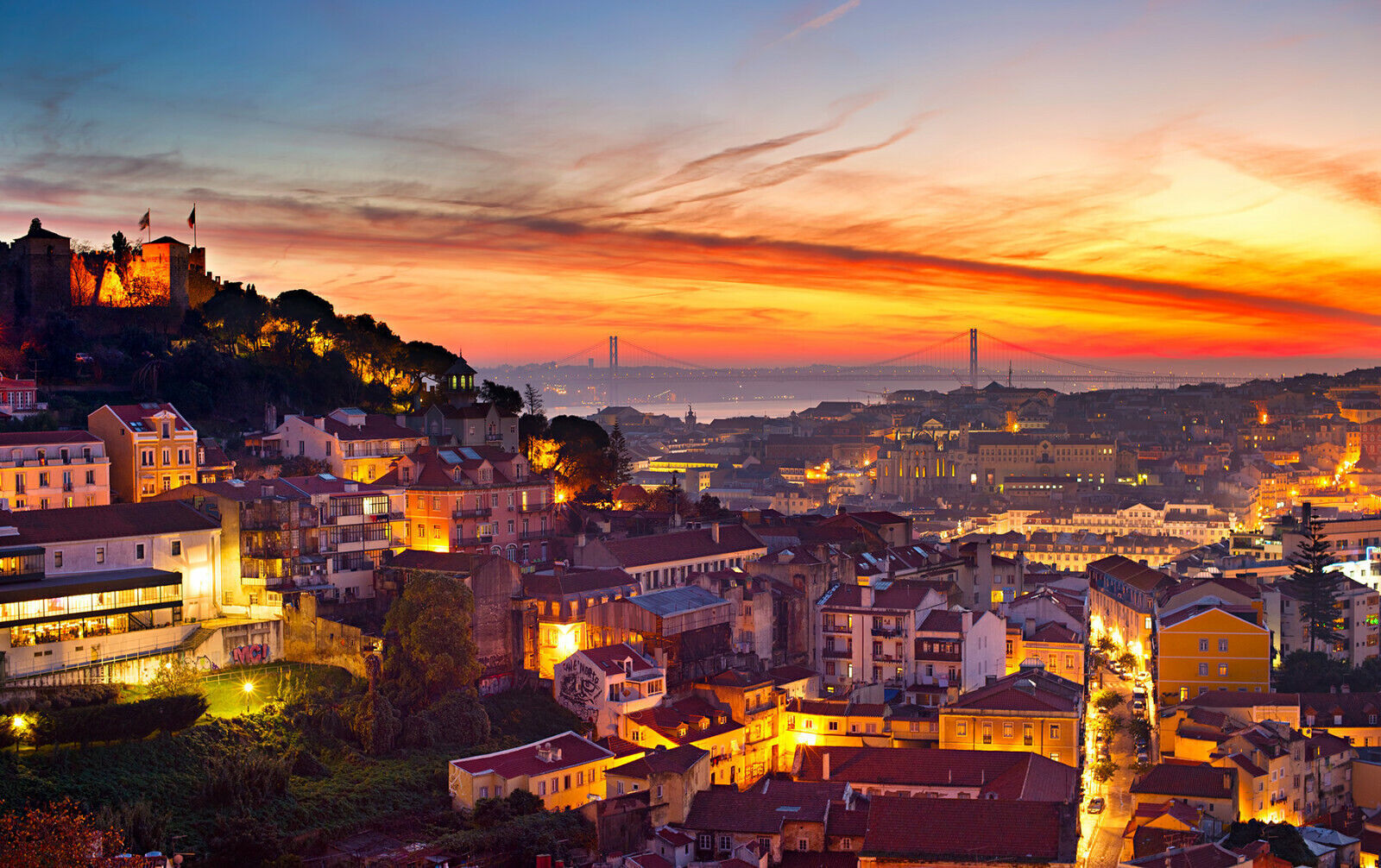 Lisbon Portugal Sunset Skyline Canvas Wall Art Picture Print