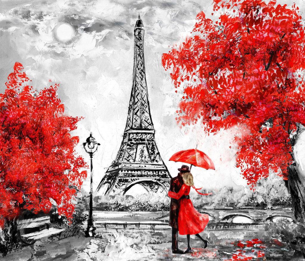 Red Oil Painting Paris Eiffel Tower Umbrella Canvas Wall Art Picture Print