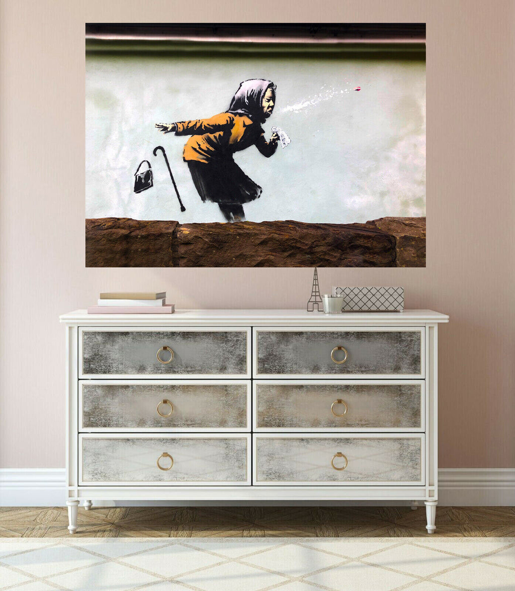 Banksy Elderly Woman Sneezing Graffiti Canvas Wall Art Picture Print  Brown Grey