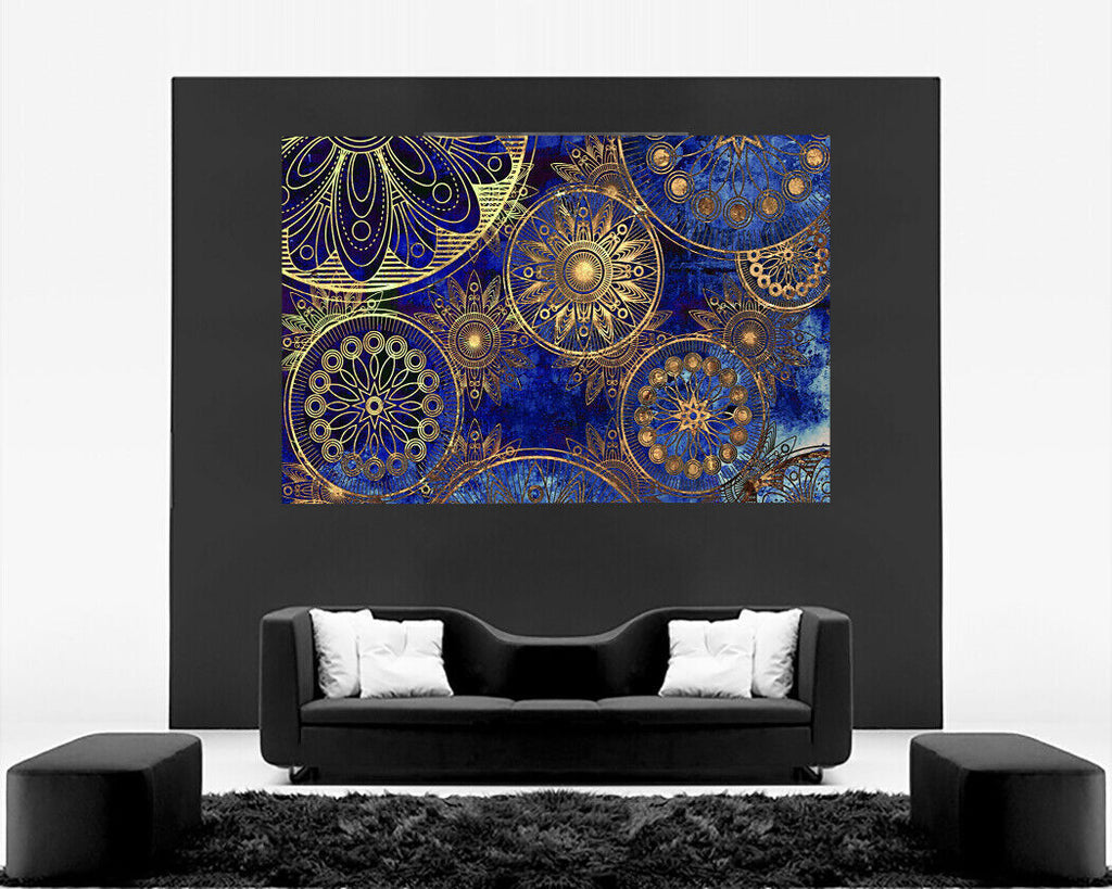 Blue Abstract Peace Indian Mandala Canvas Wall Art Picture Print