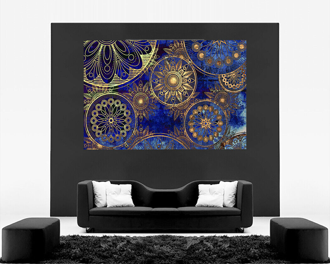Blue Abstract Peace Indian Mandala Canvas Wall Art Picture Print