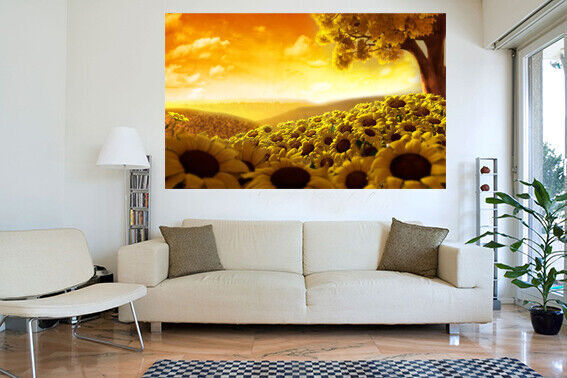 Yellow Tree and Sunflowers in Field CANVAS WALL ART Picture Print