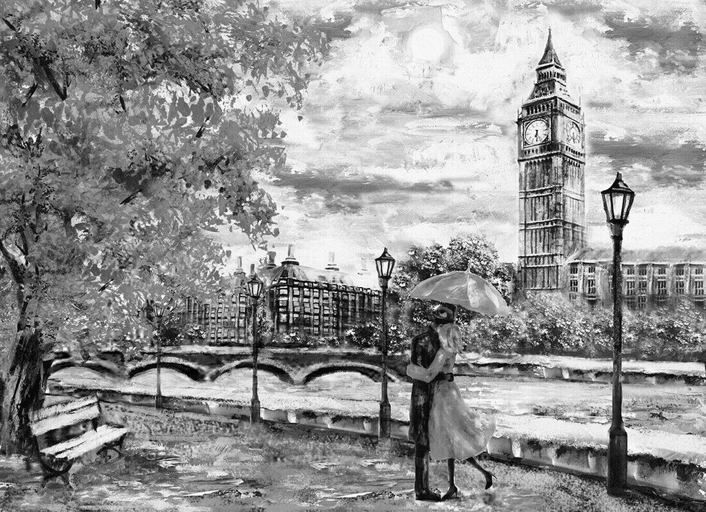 Black & White London Oil Painting Big Ben Umbrella Canvas Wall Art Picture Print