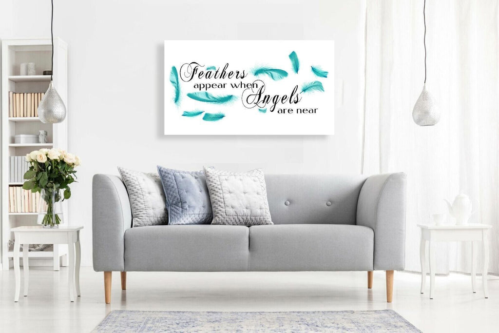 Duck Egg Blue Feathers appear when angels quote Canvas Wall Art Picture Print