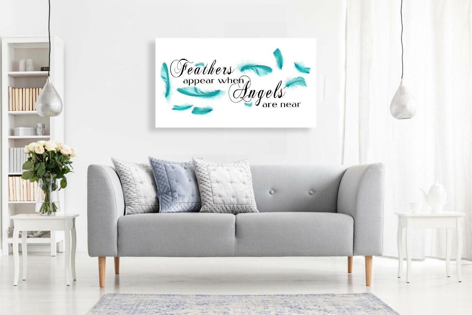 Duck Egg Blue Feathers appear when angels quote Canvas Wall Art Picture Print