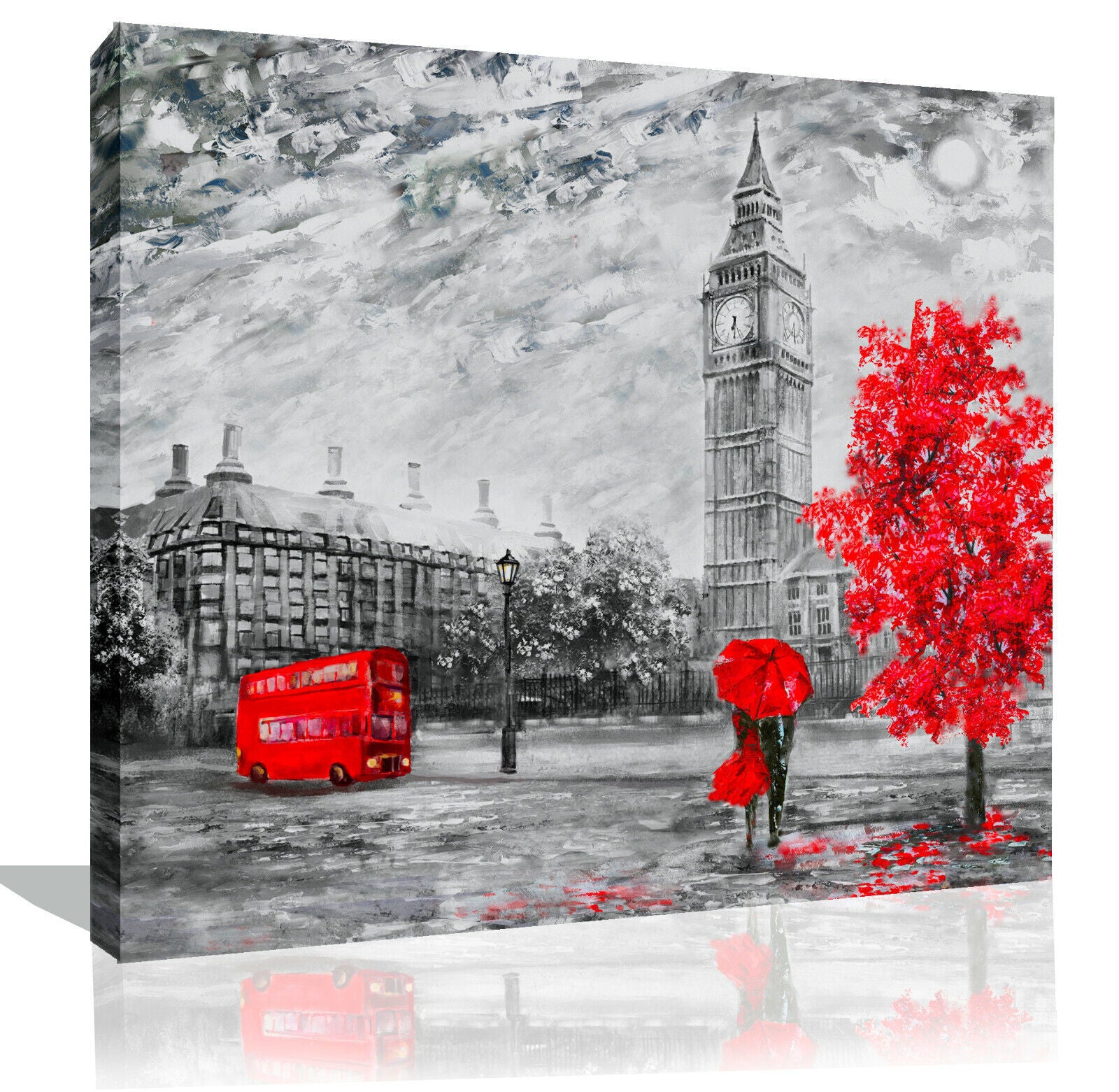 London Oil Painting Red Bus Umbrella Canvas Wall Art Picture Print