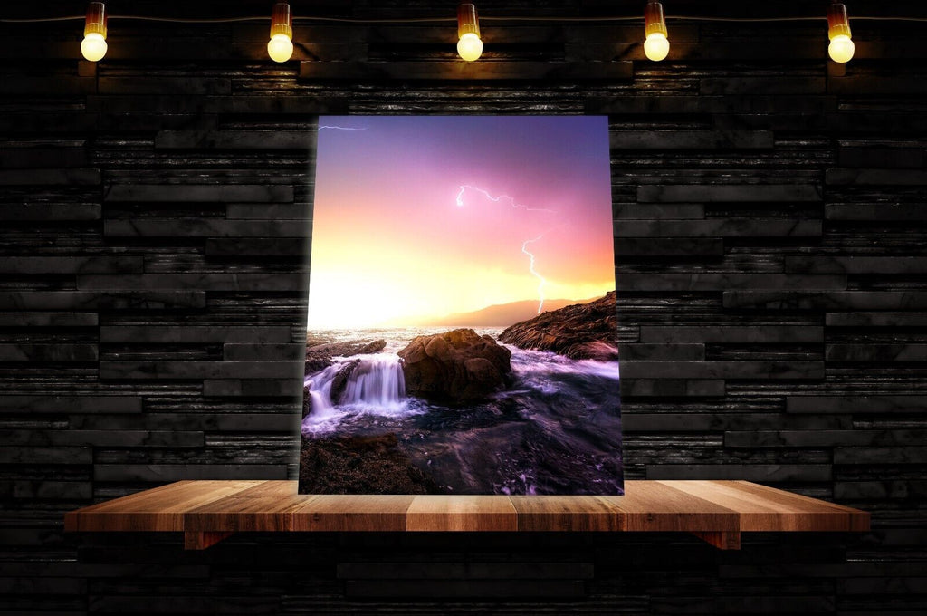 Landscape Lightening above the sea  Canvas Wall Art Picture Print - Purple