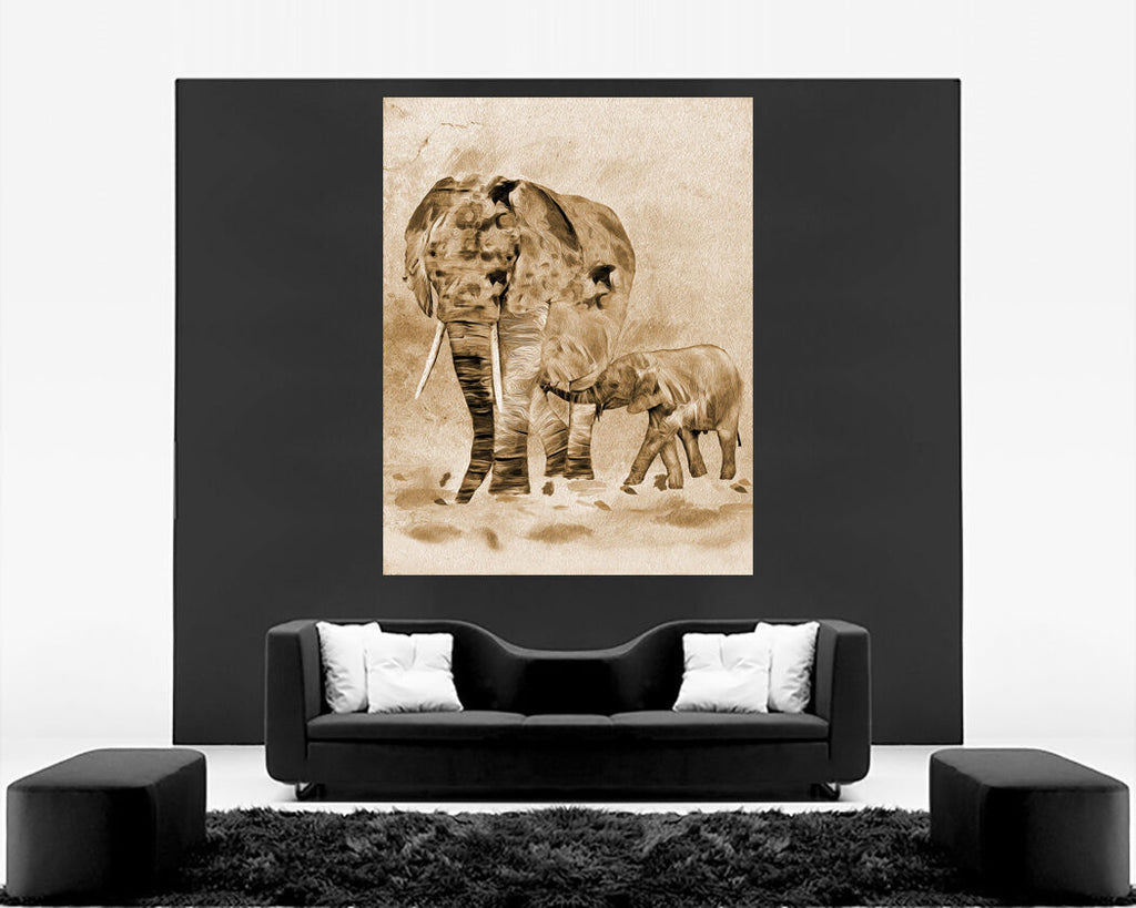Brown / Sepia Tones Elephant & Baby Canvas Wall Art Picture Print - A0, A1, A2