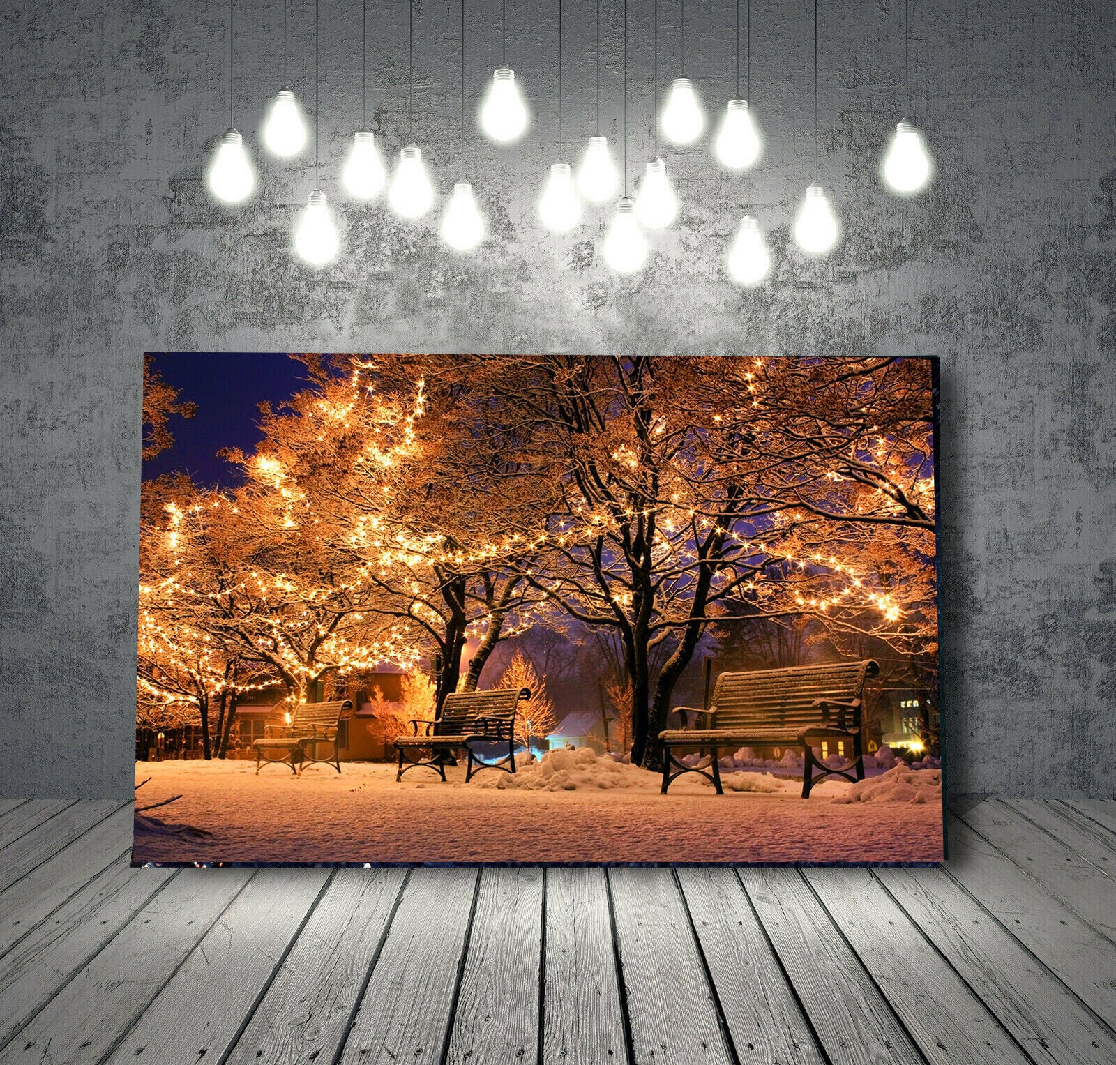 Snow Winter Lit up park Christmas night Landscape Canvas Wall Art Picture Print