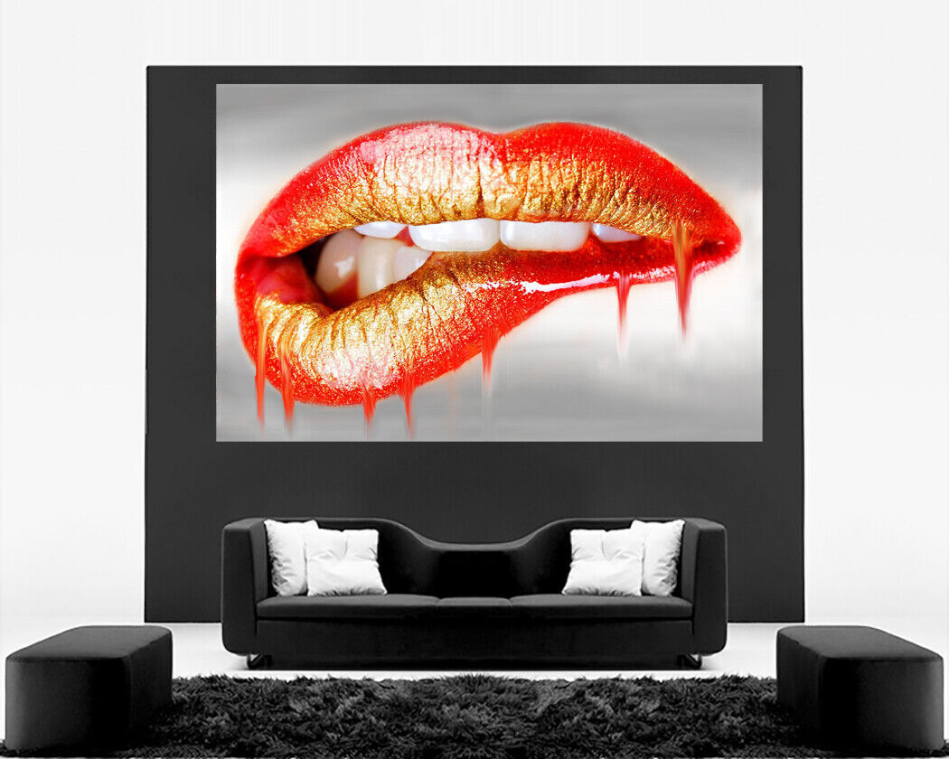 Erotic Abstract Biting Lips Canvas Wall Art Picture Print