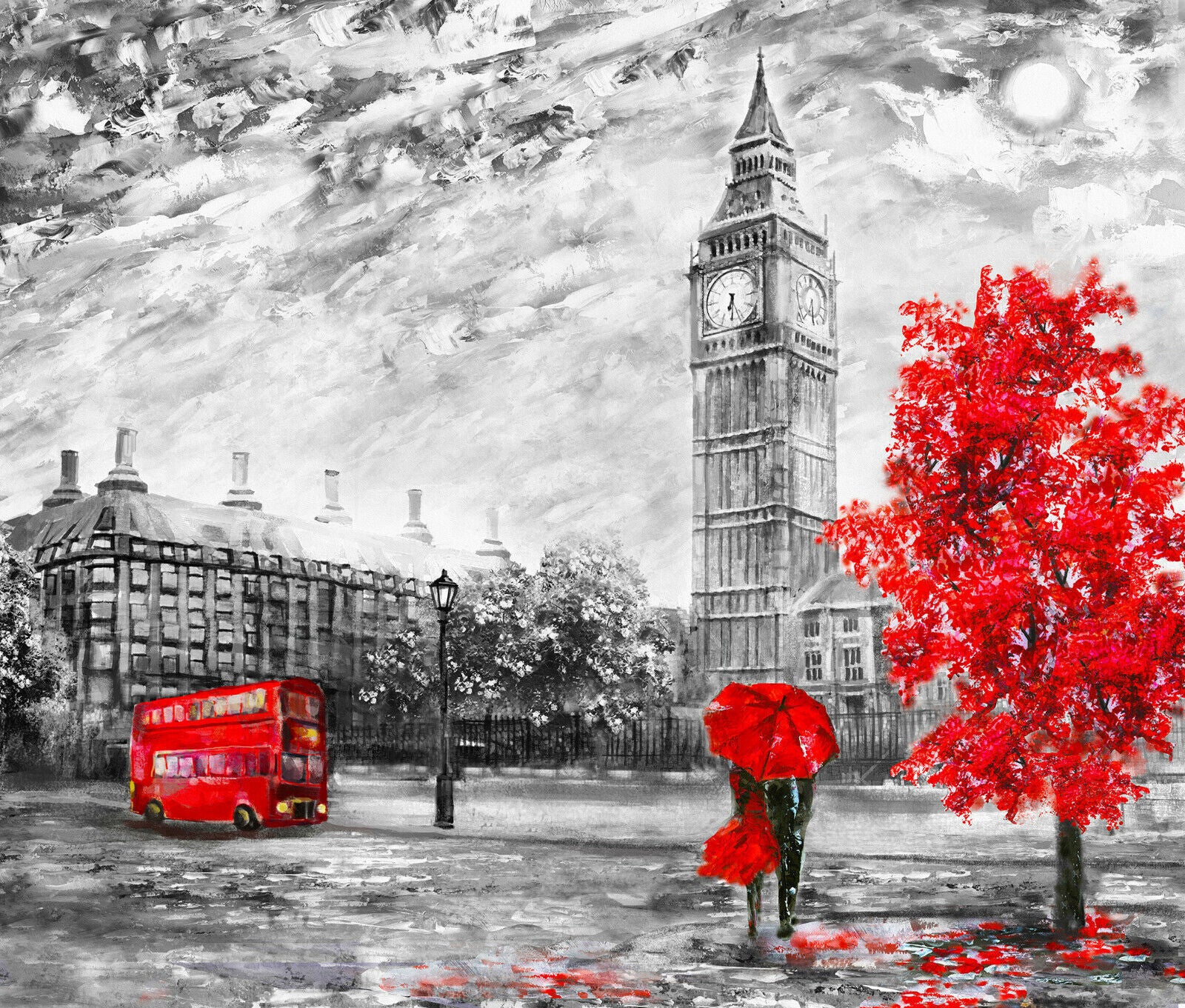 London Oil Painting Red Bus Umbrella Canvas Wall Art Picture Print