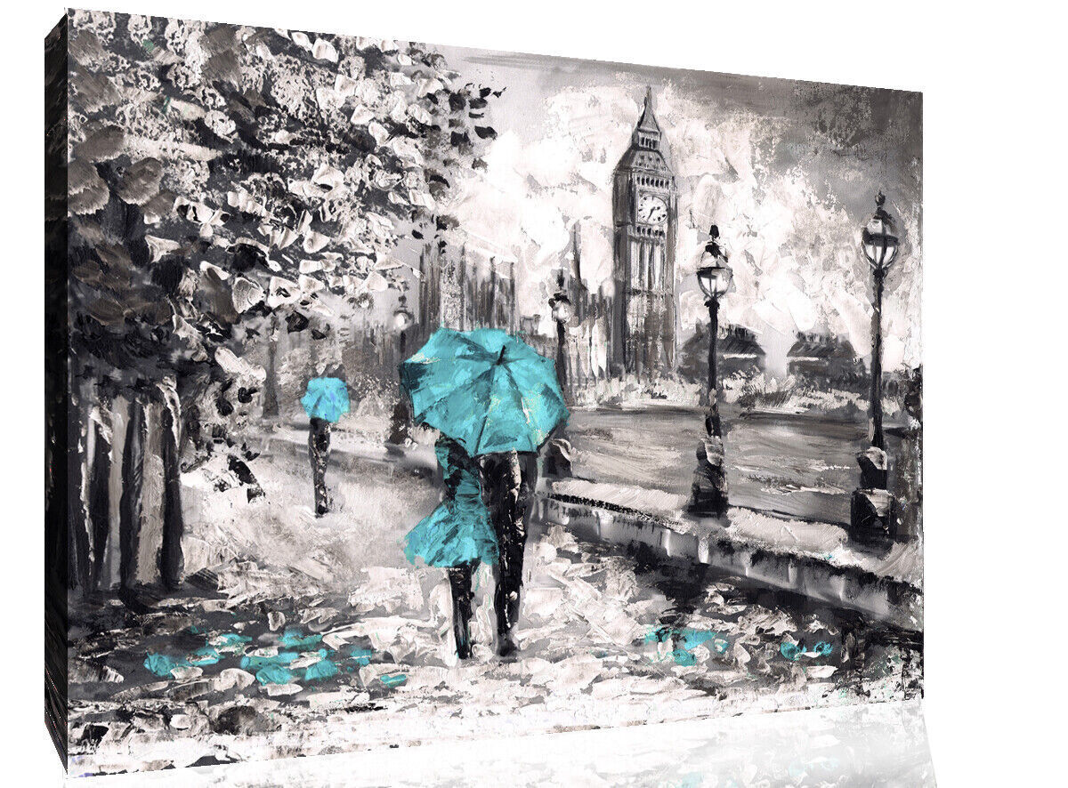 Big Ben London Street View Painting Duck Egg Blue Canvas Wall Art Picture Print