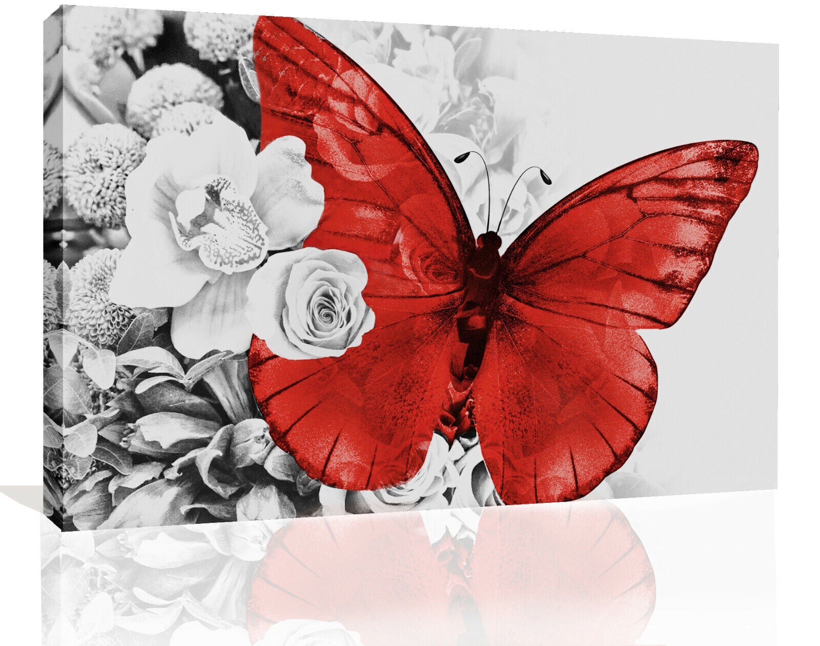 Red butterfly on grey floral abstract background Canvas Wall Art Picture Print