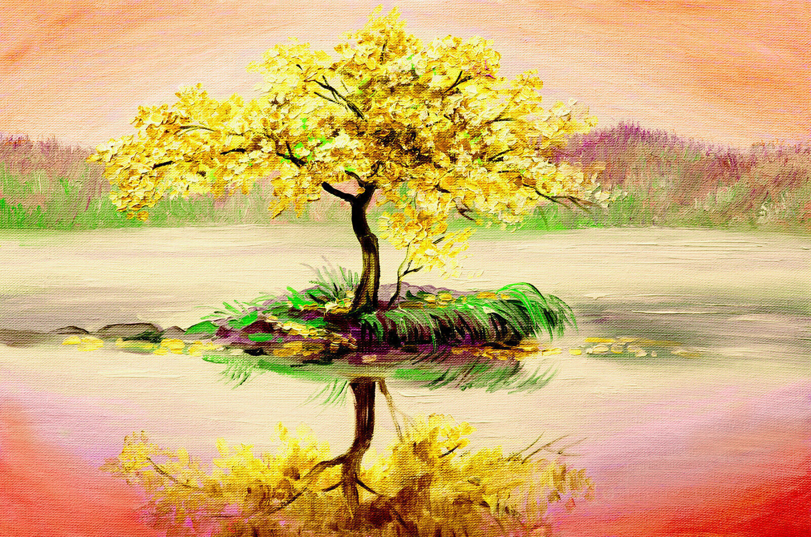 Yellow / Mustard Tree on Lake With Sunset Sky Canvas Wall Art Picture Print